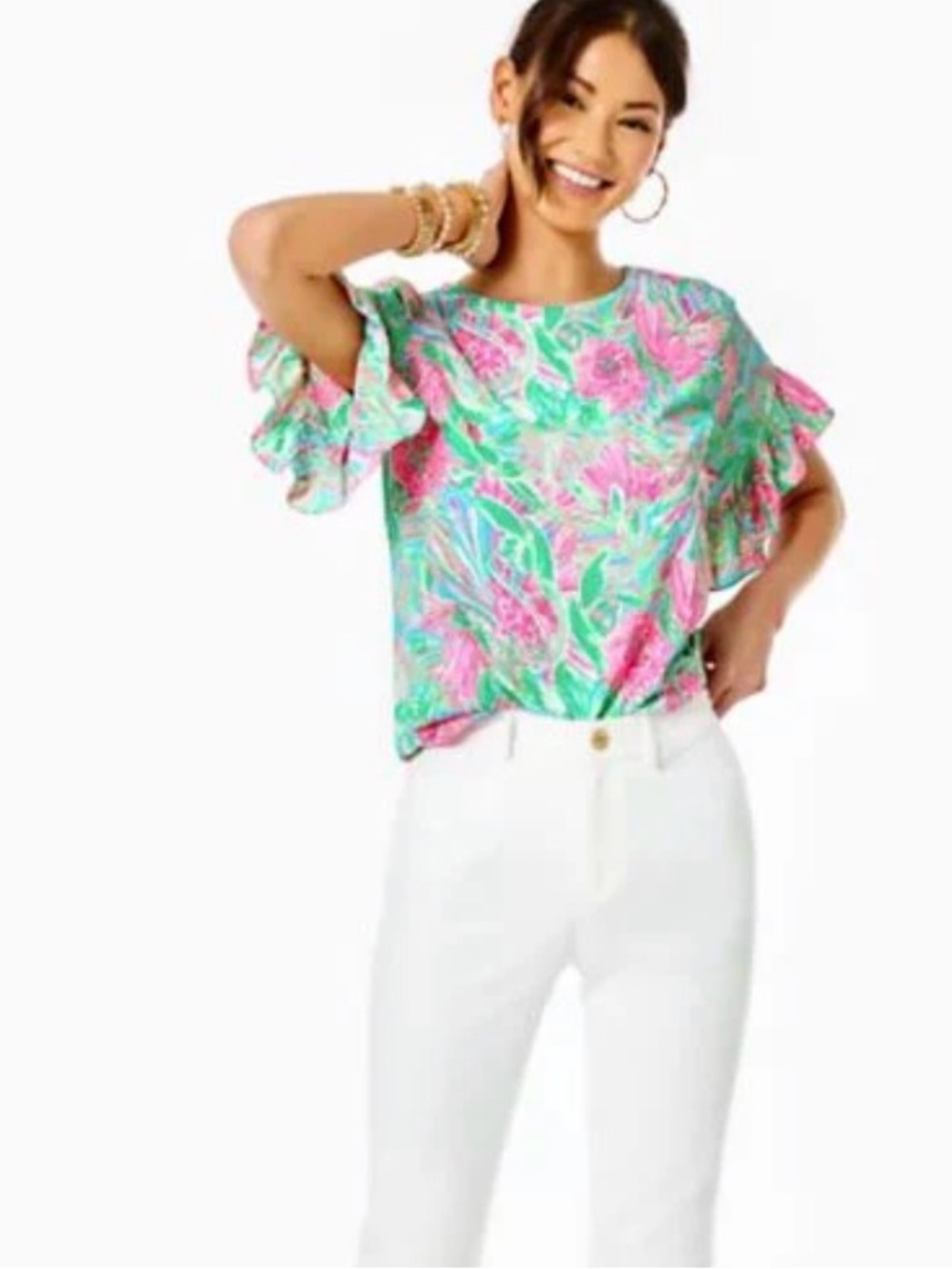 Lilly Pulitzer Blouse Soleil Pink Darlah Lileeze Beach Coastal Sz M Colorful